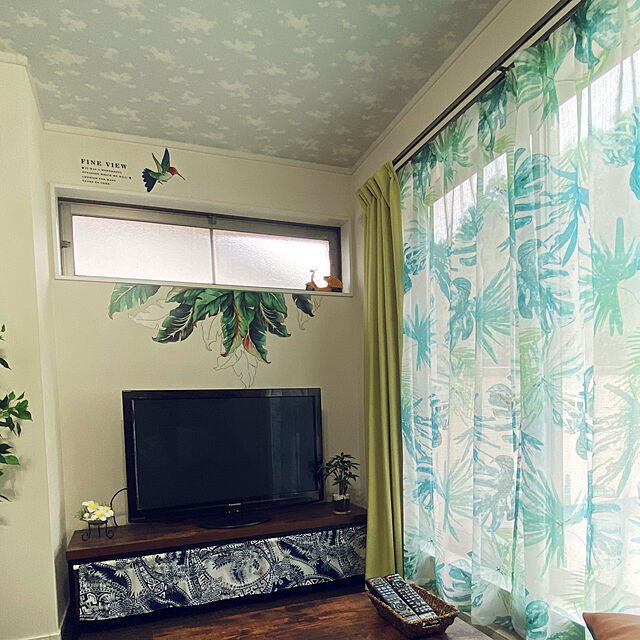ikeの-Topfinel レースカーテン UVカット 遮熱 モンステラ 自然 葉 おしゃれ 幅100ｘ丈130cm 2枚組 グリーンの家具・インテリア写真