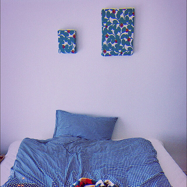 shihoriの無印良品-オーガニックコットンふとんカバーセット／ベージュ／チェック ベッド用 ベッド用／ブルーの家具・インテリア写真