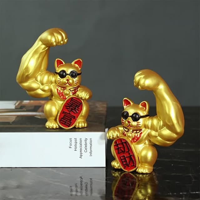 写真付きレビュー 風水 置物 マッスル 招き猫 ゴールド 2体セット 風水 アイテム まねき猫 まねきねこ 財運 金運 健康 仕事 家庭 華やか 幸運 富 スピリチュアル インテリア おしゃれ かわいい 可愛い 開店祝い 贈り物 店舗 プレゼント 置き物 猫グッズ ねこグッズ 癒し