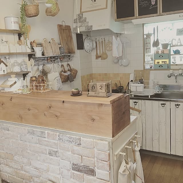 キッチン ブリックレンガ 壁面収納 板壁 昭和キッチン 洋風キッチン などのインテリア実例 16 07 02 17 13 04 Roomclip ルームクリップ