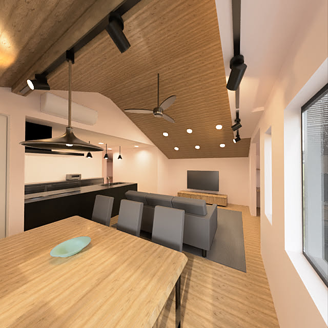 ダクトレール 照明 2階リビング 勾配天井のリビング キッチン照明 折り上げ天井 などのインテリア実例 21 10 25 09 05 41 Roomclip ルームクリップ