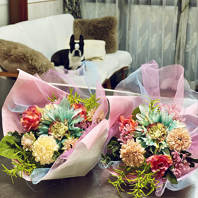 ボストンテリア 100均 造花 セリア 花束 などのインテリア実例 21 02 19 19 29 12 Roomclip ルームクリップ