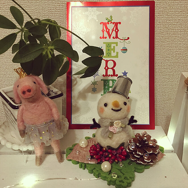 ミニ観葉植物/雪だるま/クリスマスカード/羊毛フェルト/ぶた好き