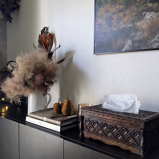 木彫りのラックとティッシュケース ティッシュケース【ブラック