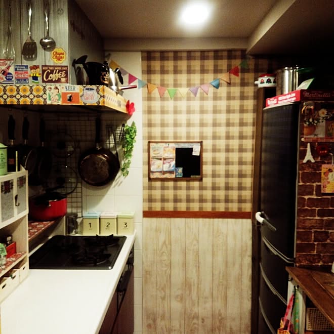 キッチン/板壁風/チェック/マンション/DIY...などのインテリア実例 - 2015-04-03 19:13:41