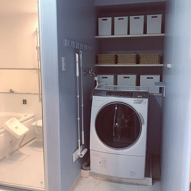 ニトリ 洗濯機まわりの収納 無印良品 ブルーグレー 棚のインテリア実例 19 10 08 33 06 Roomclip ルームクリップ