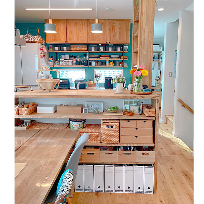 ニトリのウッドボックス カウンター下収納 シンプルな暮らし ちいさなお家 ブルーの壁紙 などのインテリア実例 21 09 11 00 58 Roomclip ルームクリップ