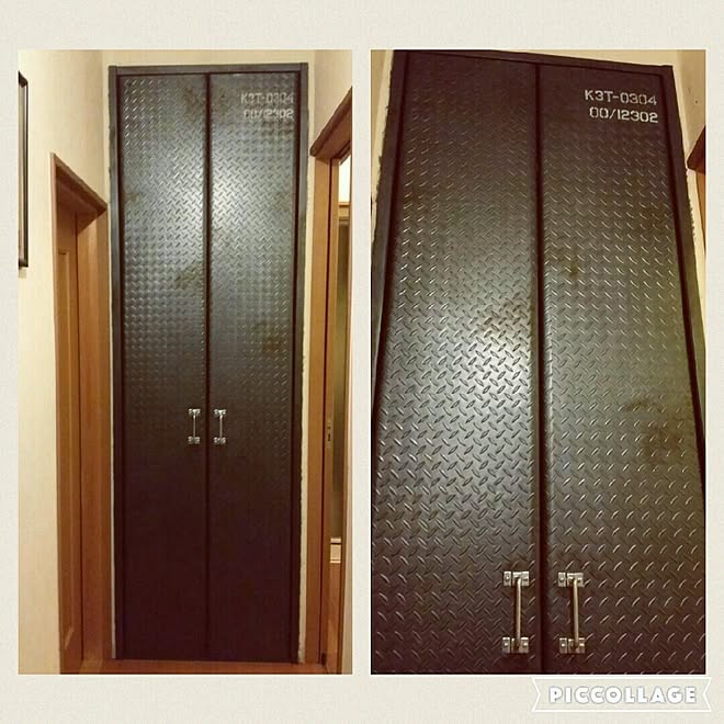 クローゼット扉 さび塗装 クローゼット扉リメイク リビング 鉄板柄フロアマット などのインテリア実例 16 08 13 19 40 28 Roomclip ルームクリップ