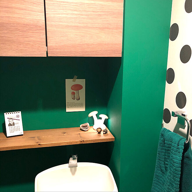 水玉の壁紙 緑の壁紙 リサラーソンガチャ Ikeaのきのこライト バス トイレのインテリア実例 19 12 28 17 49 28 Roomclip ルームクリップ