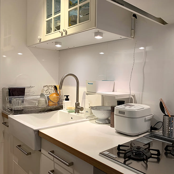 キッチン 吊り戸棚 Ikeaキッチン グースネック水栓 水切りラック などのインテリア実例 19 01 13 14 40 17 Roomclip ルームクリップ