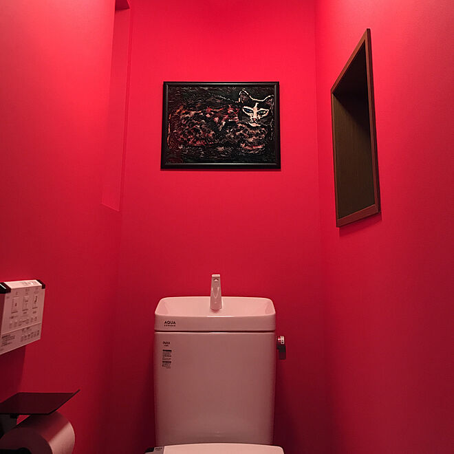 赤いトイレ リフォームトイレ バス トイレ 赤い壁紙 赤い壁 などのインテリア実例 19 03 27 19 49 56 Roomclip ルームクリップ