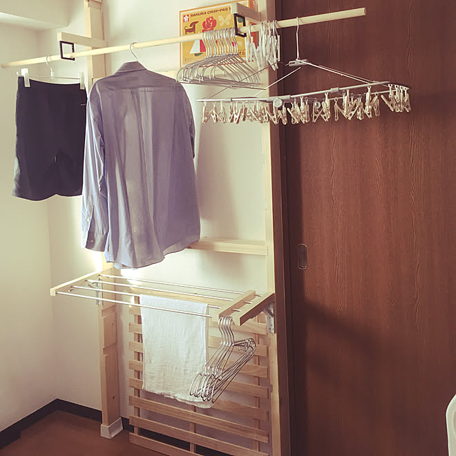 棚 収納式タオル掛け 室内物干しdiy 室内物干し ディアウォール などのインテリア実例 19 01 14 15 26 02 Roomclip ルームクリップ