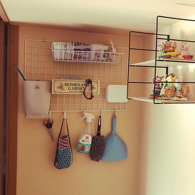 ダイソー棚 ワイヤーネット壁面収納 ダイソーワイヤーネット ダイソープルアウトボックス 猫トイレグッズをネット収納 などのインテリア実例 21 08 02 08 25 00 Roomclip ルームクリップ