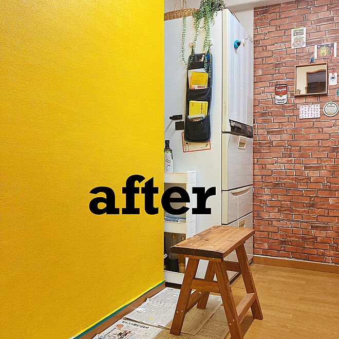 壁紙リメイク レンガ風壁紙 壁塗装 模様替え 黄色 などのインテリア実例 21 09 08 16 06 36 Roomclip ルームクリップ