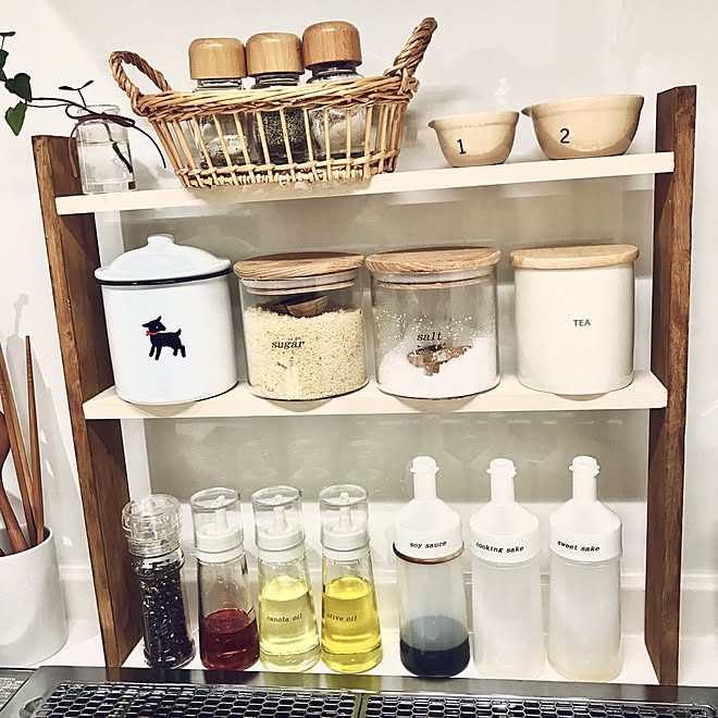 キッチン/調味料ラックDIY/セリアのオイルボトル/ニトリ/ニトリのキャニスター...などのインテリア実例 20170325 100114 ｜ RoomClip（ルームクリップ）