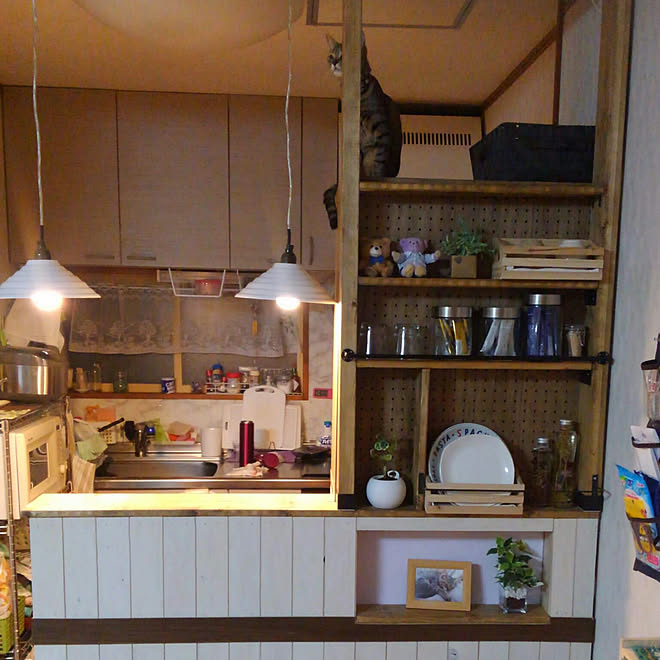 キッチン ペンダントライト Diy フェイクグリーン 生活感たっぷり などのインテリア実例 02 10 02 07 36 Roomclip ルームクリップ