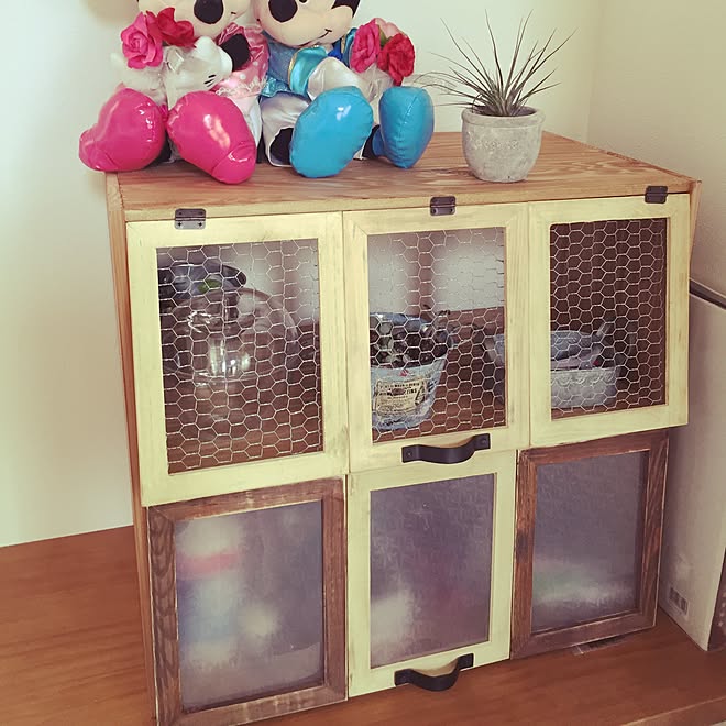 棚/パタパタ扉の棚DIY/見せたくないものは隠す/すりガラス風シート/チキンネットの扉&hellip;などのインテリア実例 20160709