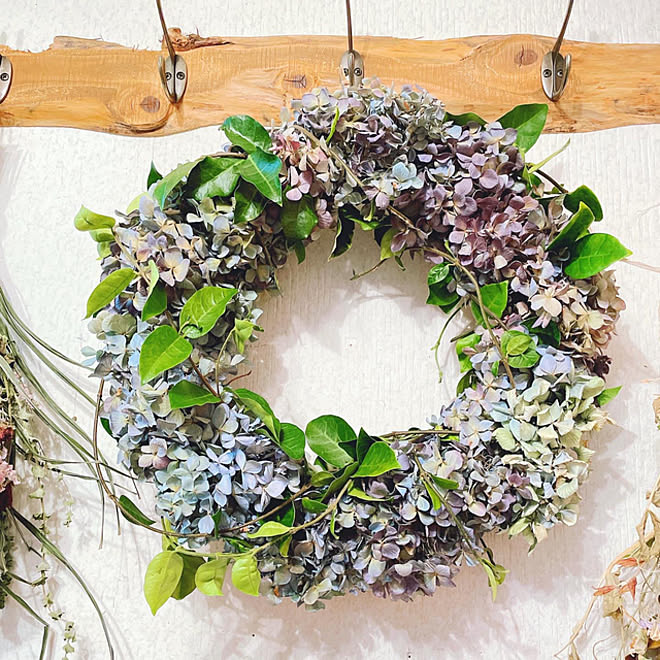 紫陽花ドライアレンジリース 紫陽花ドライリース作り 休日の過ごし方 紫陽花ドライ ドライフラワーのある暮らし などのインテリア実例 21 07 25 01 24 59 Roomclip ルームクリップ