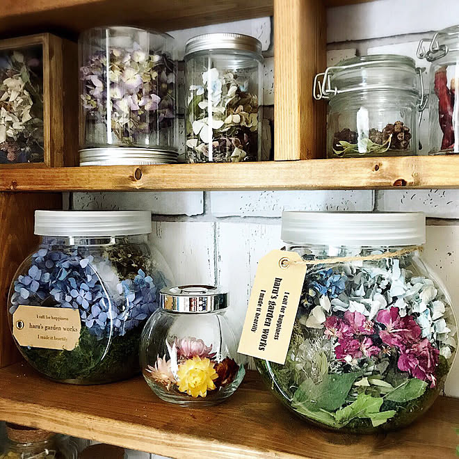 19 6 11 M0y0ちゃんの手作りタグ ドライフラワーコーナー ミニ薔薇シリカゲルドライ 紫陽花シリカゲルドライ などのインテリア実例 19 06 11 22 26 07 Roomclip ルームクリップ
