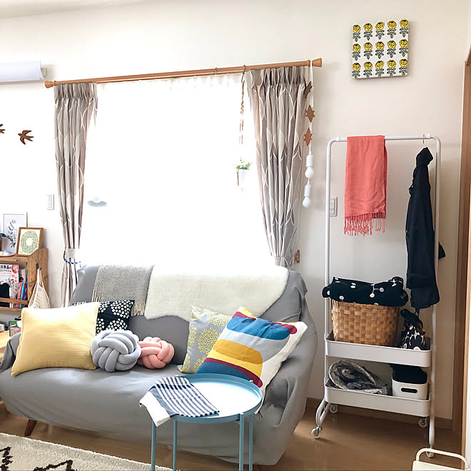 ニトリ/無印良品/IKEA トレイテーブル/マリメッコファブリックパネル/お出かけグッズ収納&hellip;などのインテリア実例 201903
