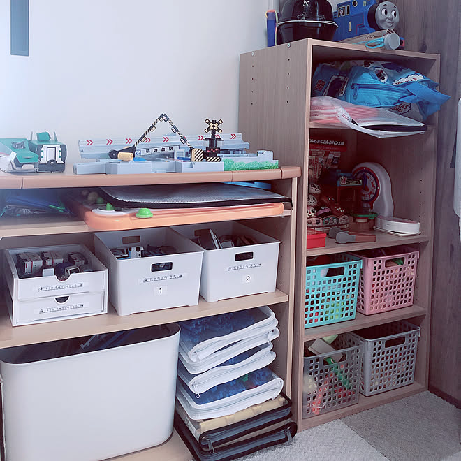 プラレール収納 無印良品やわらかポリエチレンケース ニトリカラーボックス セリア おもちゃ収納 などのインテリア実例 07 31 09 06 51 Roomclip ルームクリップ