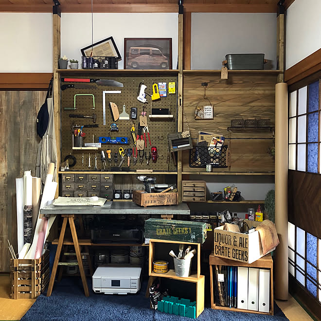 部屋全体/障子枠ステイン着色/障子リメイク/棚DIY/有孔ボード&hellip;などのインテリア実例 20180414 094601