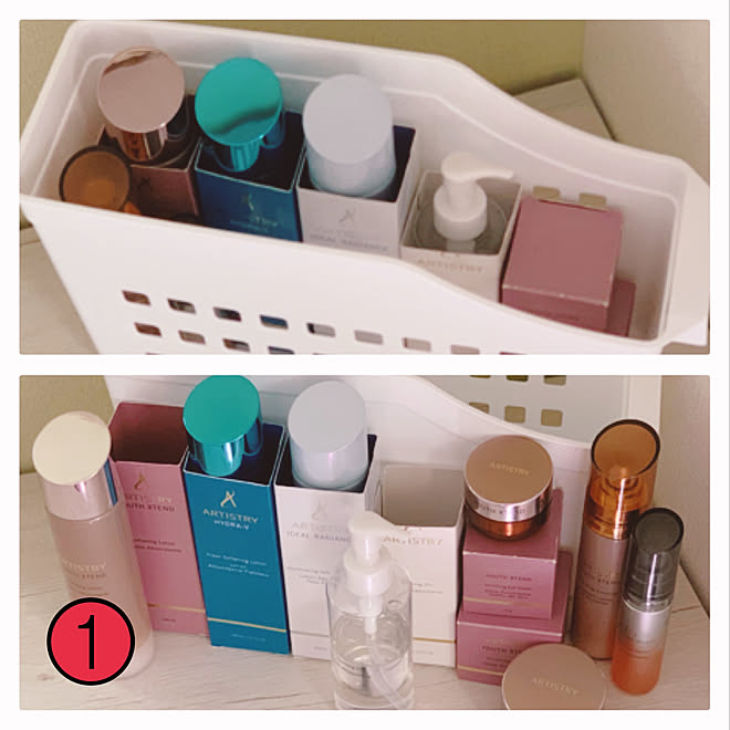 基礎化粧品収納 基礎化粧品 テーブル下ティッシュ収納 テーブル下の有効活用 テーブル下 などのインテリア実例 08 12 10 39 Roomclip ルームクリップ