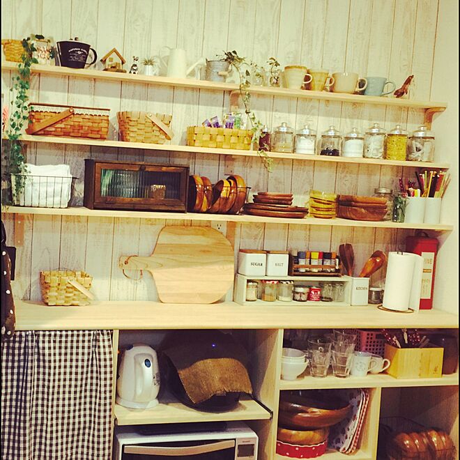 キッチン/壁棚DIY/白木目風/木の食器/食器棚 DIY...などのインテリア実例 20151010 18