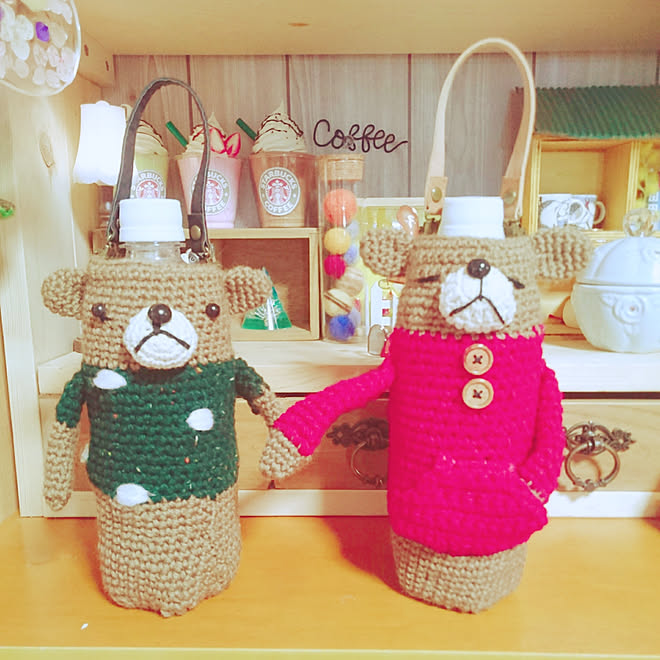 手編み ペットボトルホルダー 水玉模様 クマさん 細編みでひたすら編む などのインテリア実例 19 08 16 33 03 Roomclip ルームクリップ