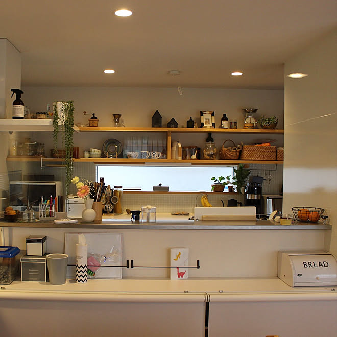 カウンター下 オープン棚 ダイソー ロールカーテン 収納 などのインテリア実例 19 04 10 19 33 Roomclip ルームクリップ