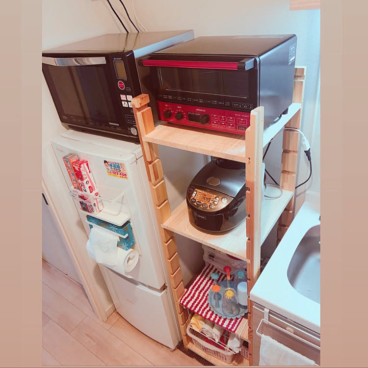 食器棚DIY/レンジ台DIY/オーブン棚DIY/電子レンジ/買うな作れ...などのインテリア実例 201903