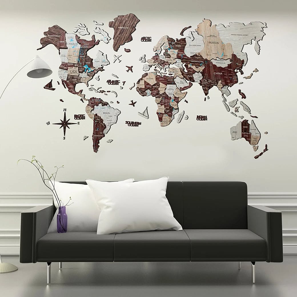 3D Wood World Map カプチーノカラー 壁掛け木製世界地図 Mサイズ
