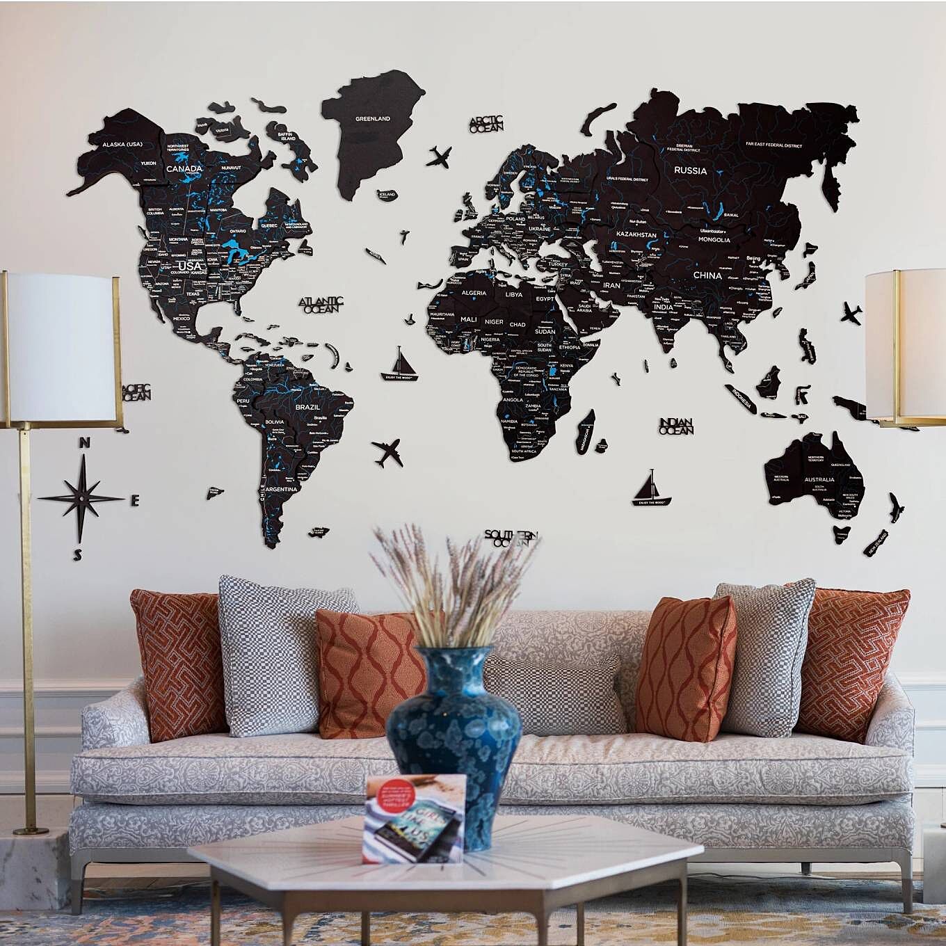 3D Wood World Map ブラック 壁掛け木製世界地図 Lサイズ