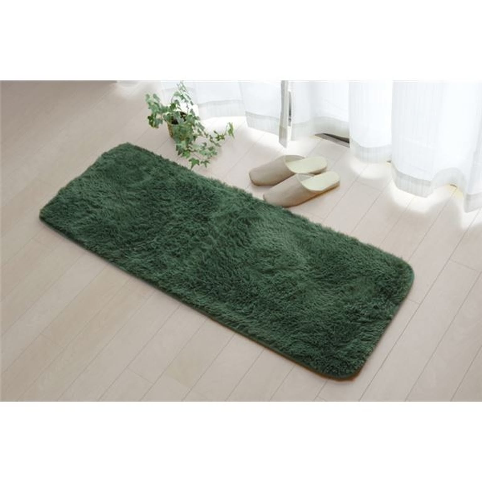 北欧風 キッチンマット/台所マット 【シャギー 無地 グリーン 約45×180cm】 裏：防滑加工 洗える 〔キッチン 台所 店舗〕【代引不可】