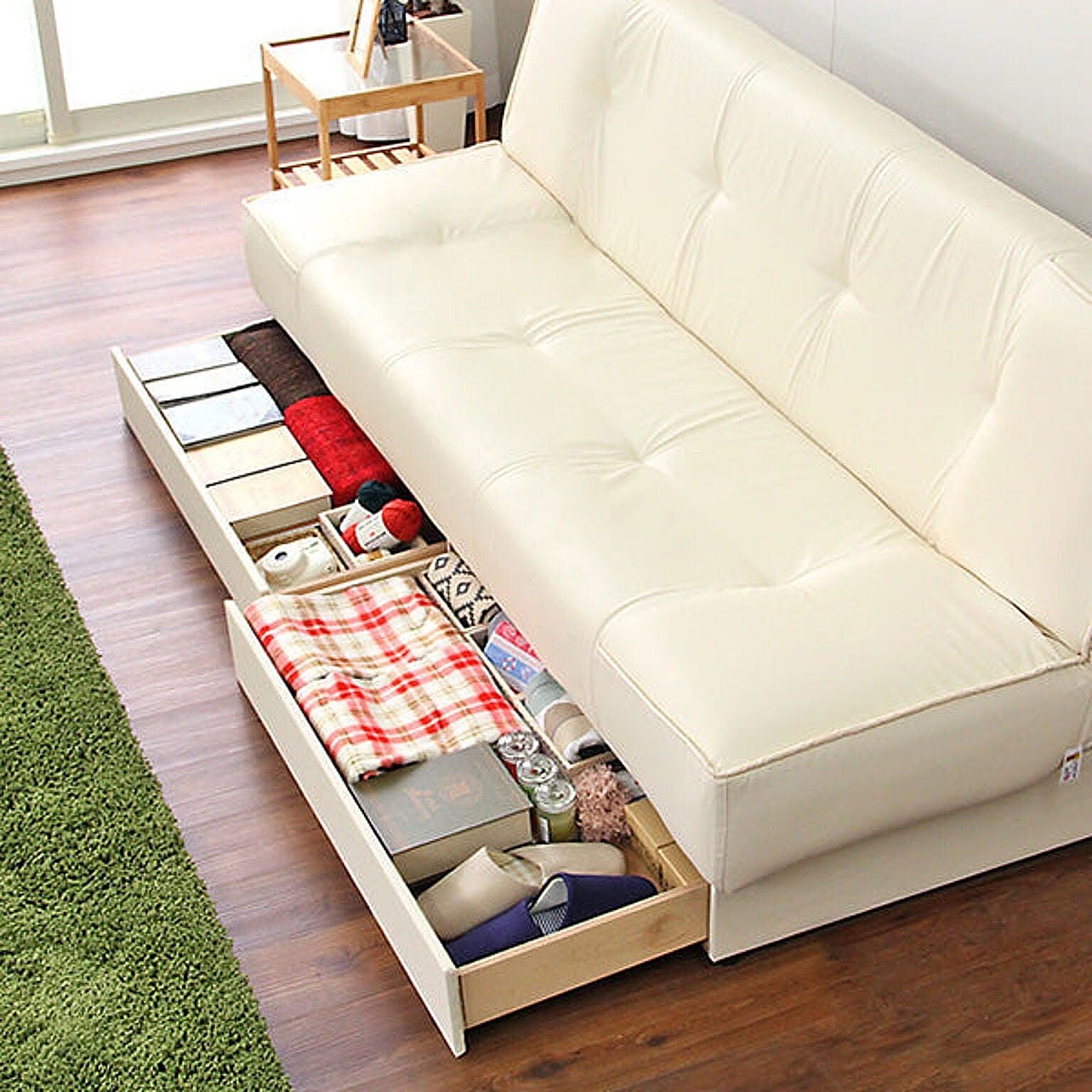 引き出し2杯付き、3段階リクライニングソファベッド（レザー4