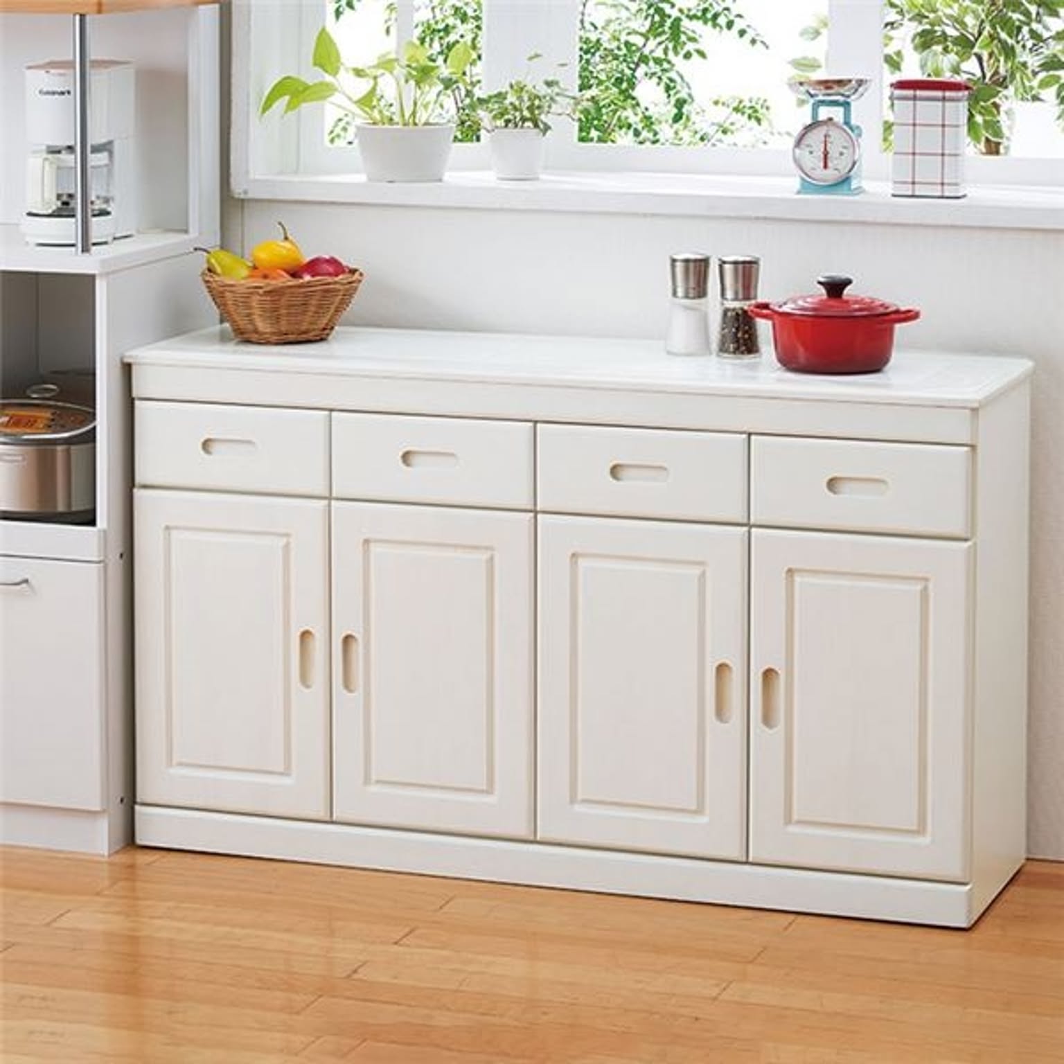 ホワイト木製キッチンカウンター 4引き出し ホワイト 木製 キッチンカウンター 4段 引き出し付き ホワイト 木製