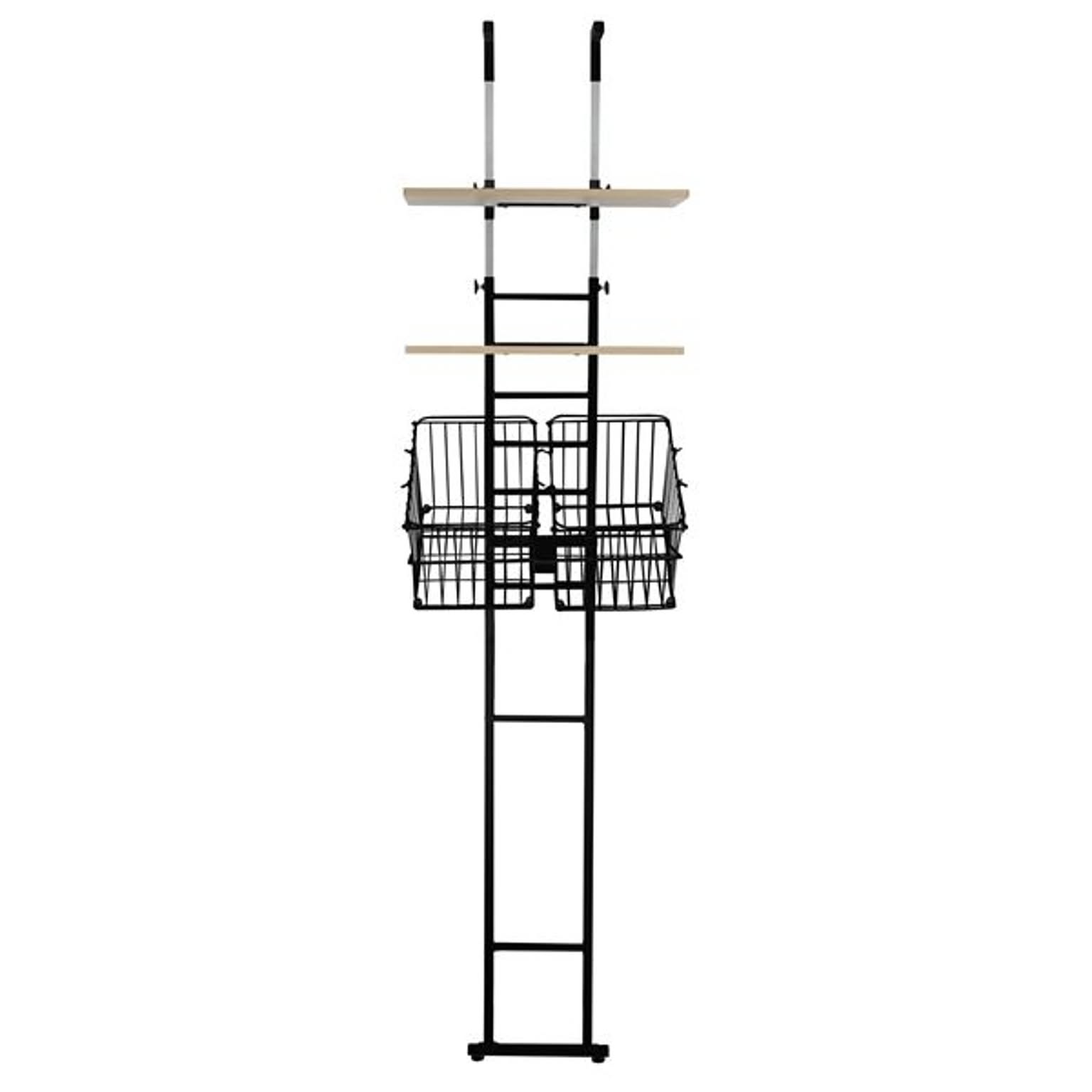 突っ張り式 洗濯機ラック/ランドリー収納 【棚2枚+バスケット2個 type ブラック】 幅55cm スチールフレーム 【組立品】【代引不可】