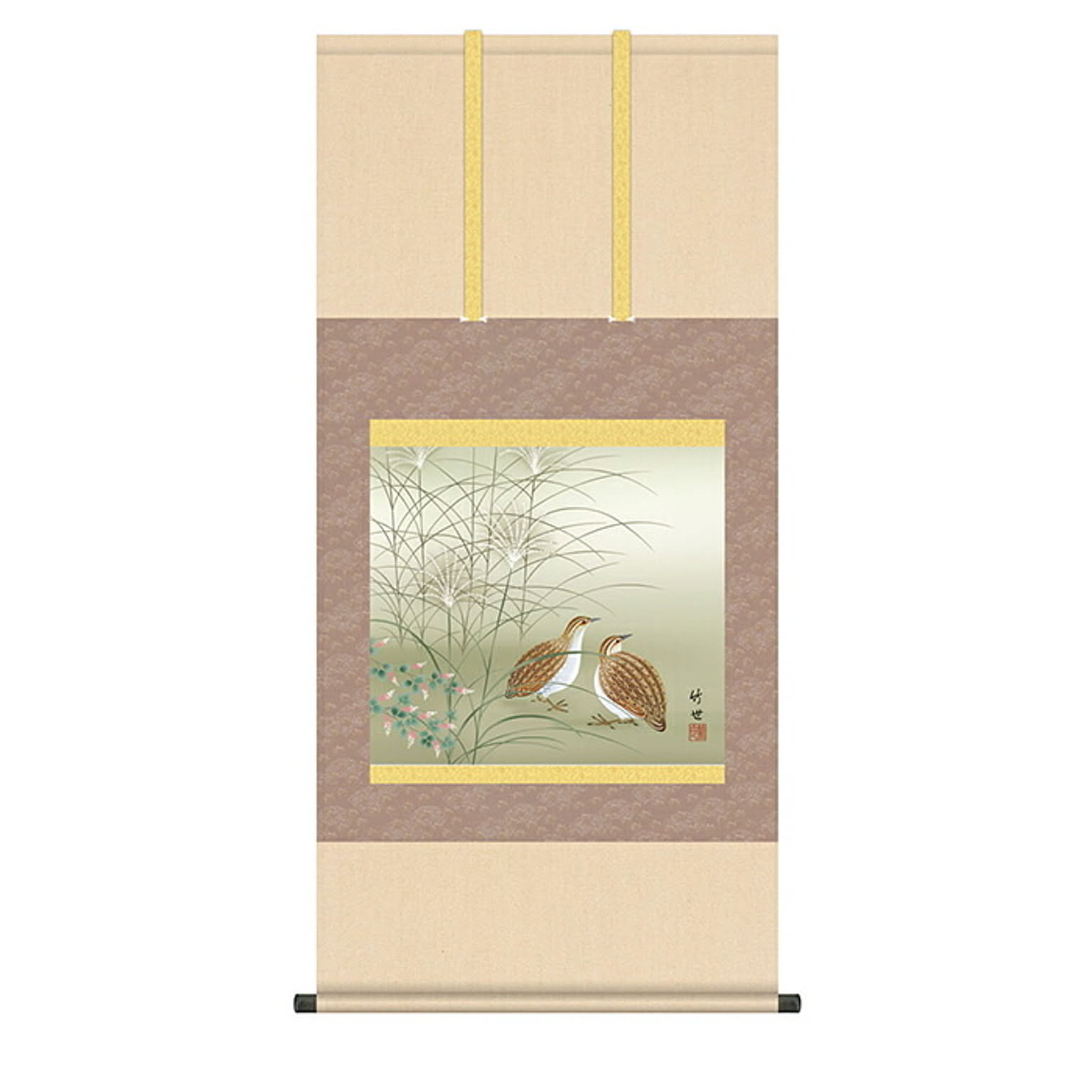 掛け軸 秋草に鶉 田村竹世 54.5x115cm 三幸 - 通販 | 家具とインテリア