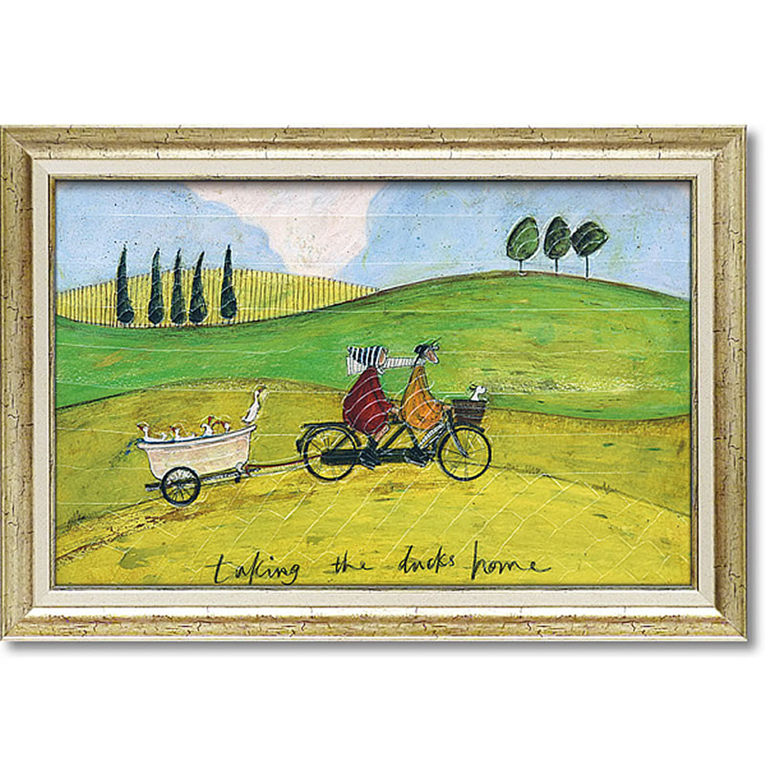 サムトフト アヒル送迎サービス Gel加工 絵画 インテリア 額入り 自転車 グリーン