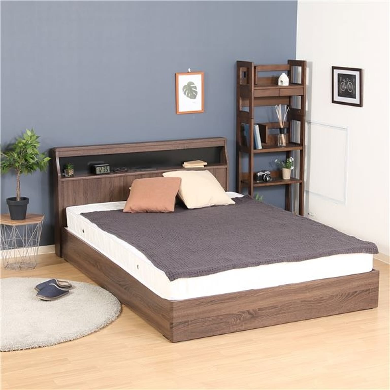 ベッド 寝具 ダブル 幅208×奥行143×高さ82cm ブラウン 木製 引き出し2杯 宮付き ベッドフレーム 組立品 ベッドルーム 寝室【代引不可】