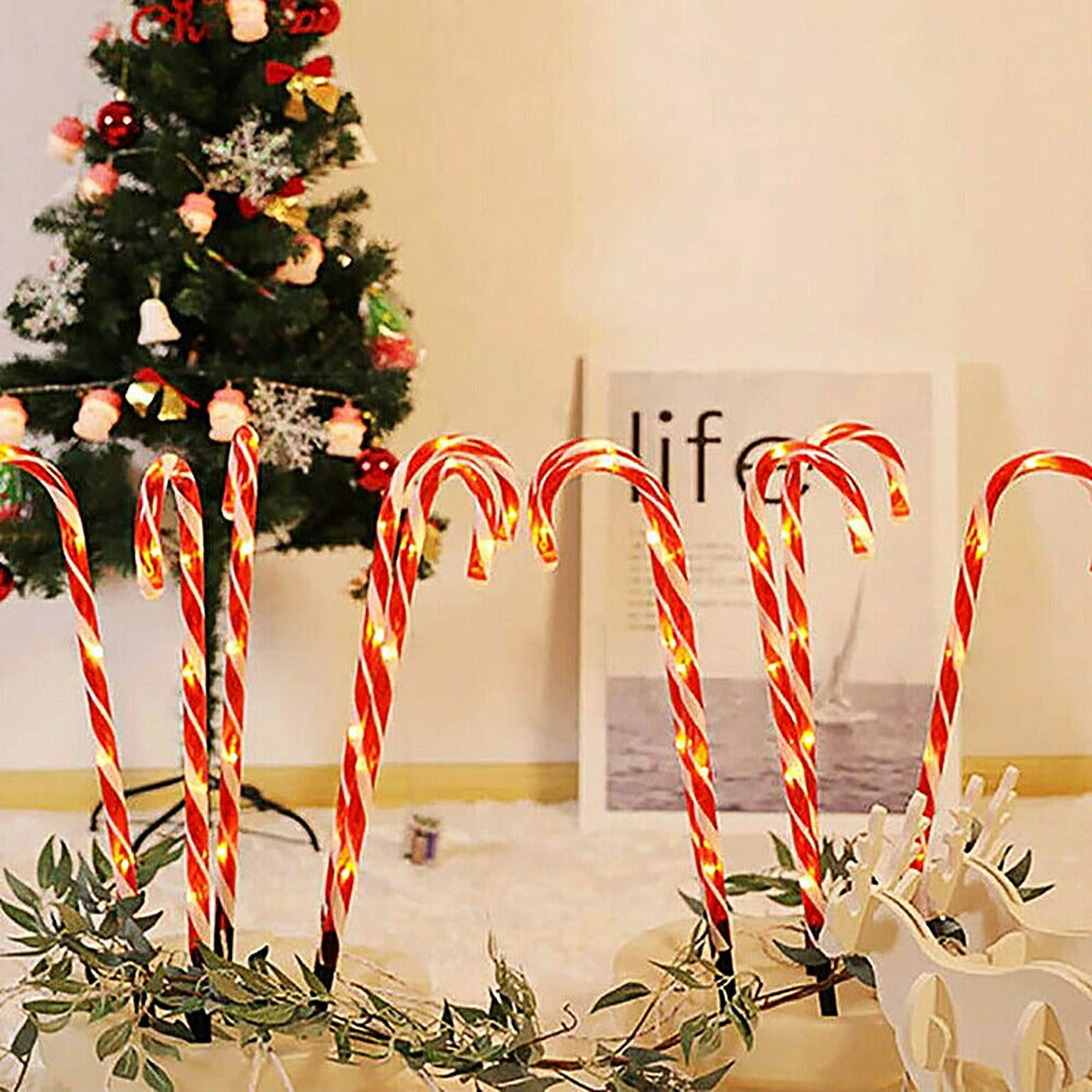 【在庫限り】クリスマス LED キャンディースティック 10ピースセット USBタイプ 赤い杖 花壇を照らす ガーデンピック ガーデンスティック ガーデンライト LED
