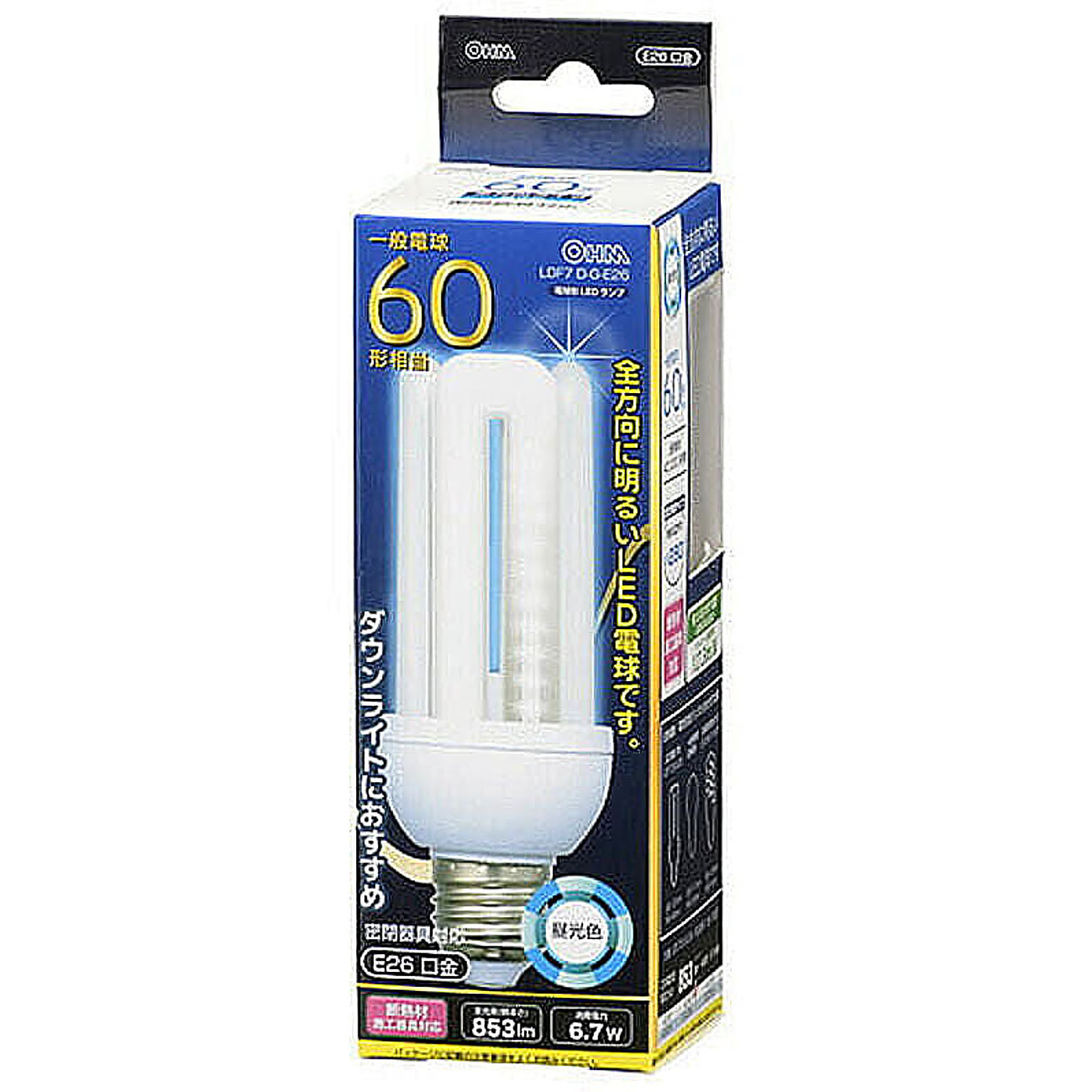 オーム電機 OHM LED電球 D形 E26 60形相当 6.7W 853lm 昼光色 全方向タイプ 発光管露出形 120mm LDF7D-G-E26 管理No. 4971275616837