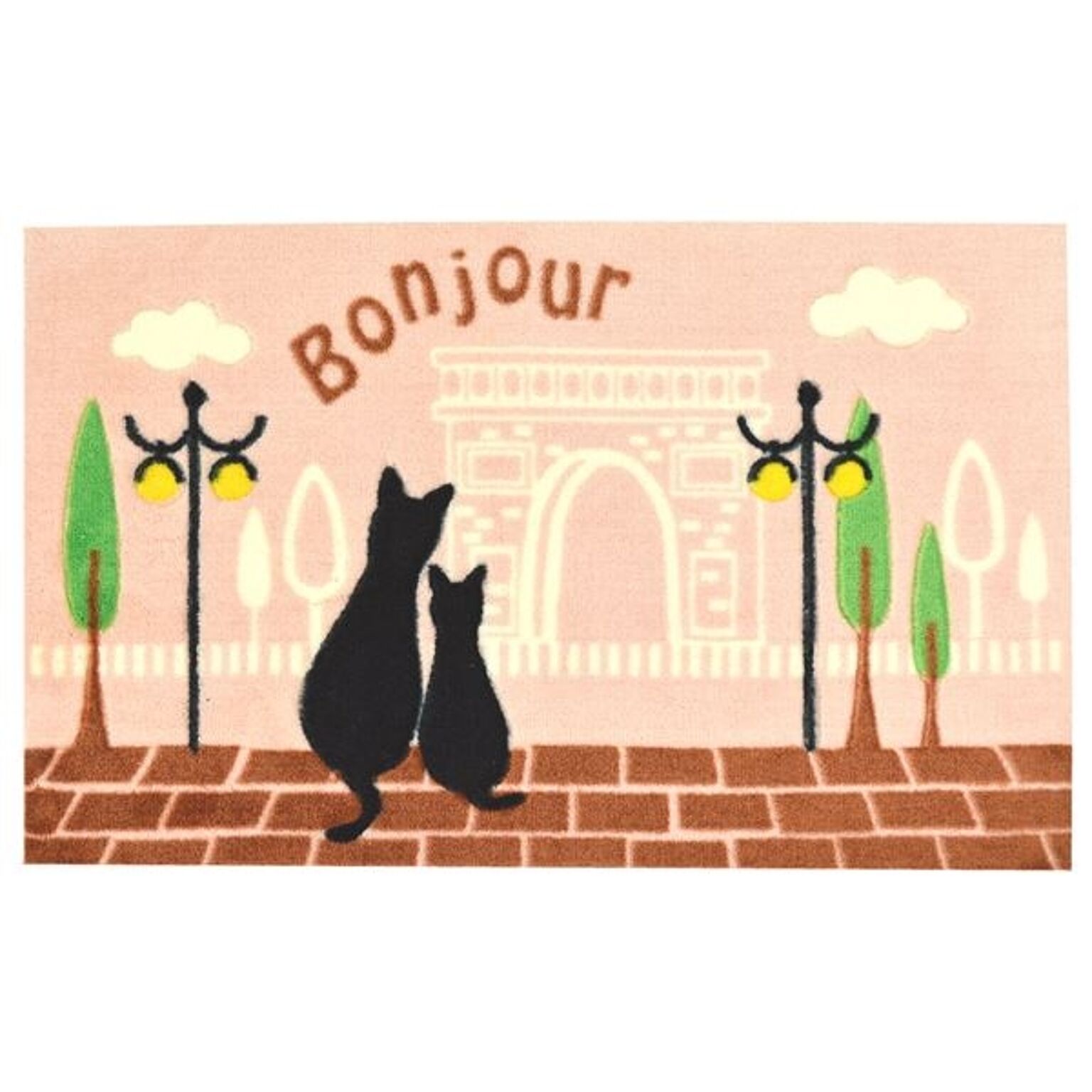 マルナカ プリント玄関マット 旅する黒猫 エトワール ピンク 45×70cm