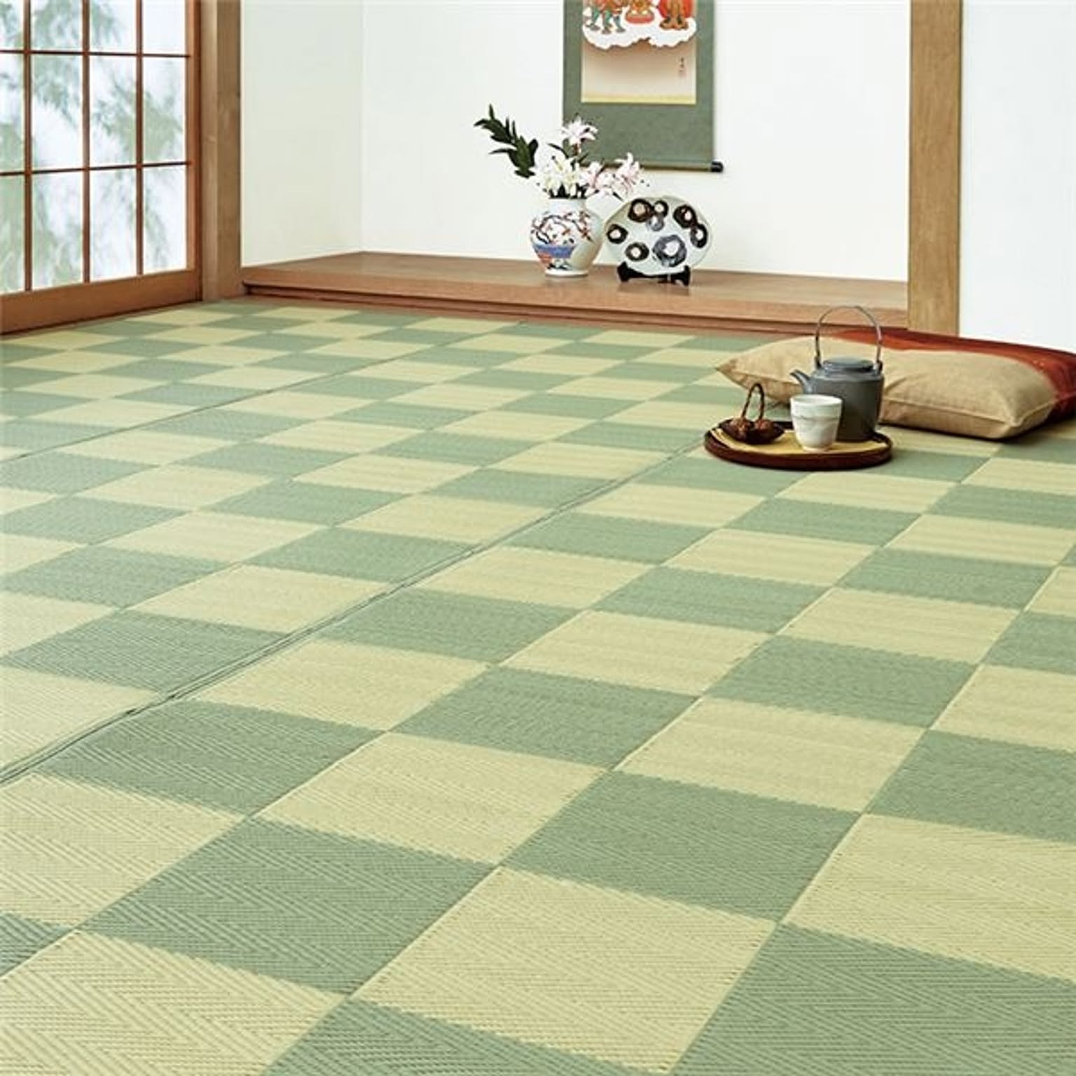 い草風 ラグマット/絨毯 【本間6畳 約286×382cm グリーン】 長方形 洗える 抗菌加工 折りたたみ収納可 〔リビング〕