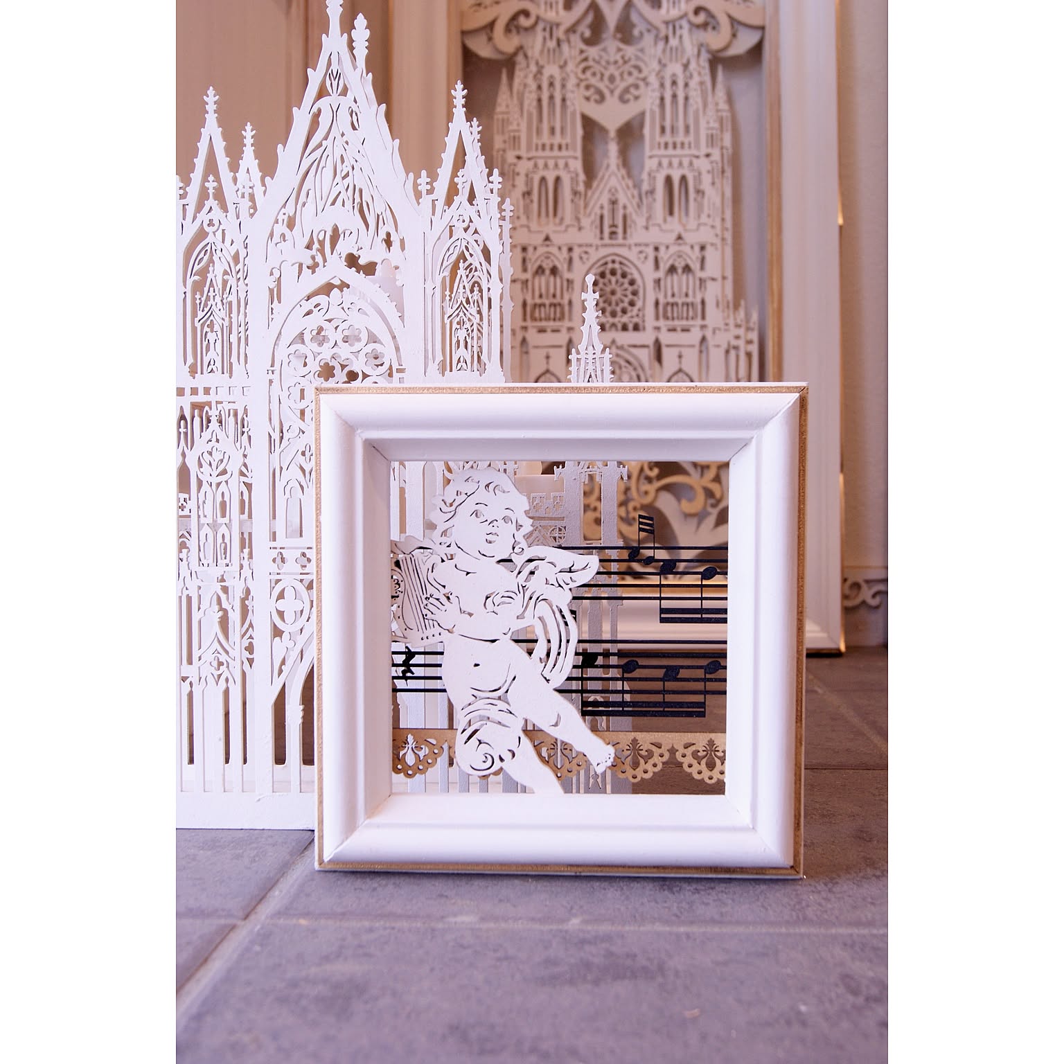 むにゅむにゅ ムニュムニュ パネル 天使 切り絵 楽器 ハープ シャビー シャビーシック