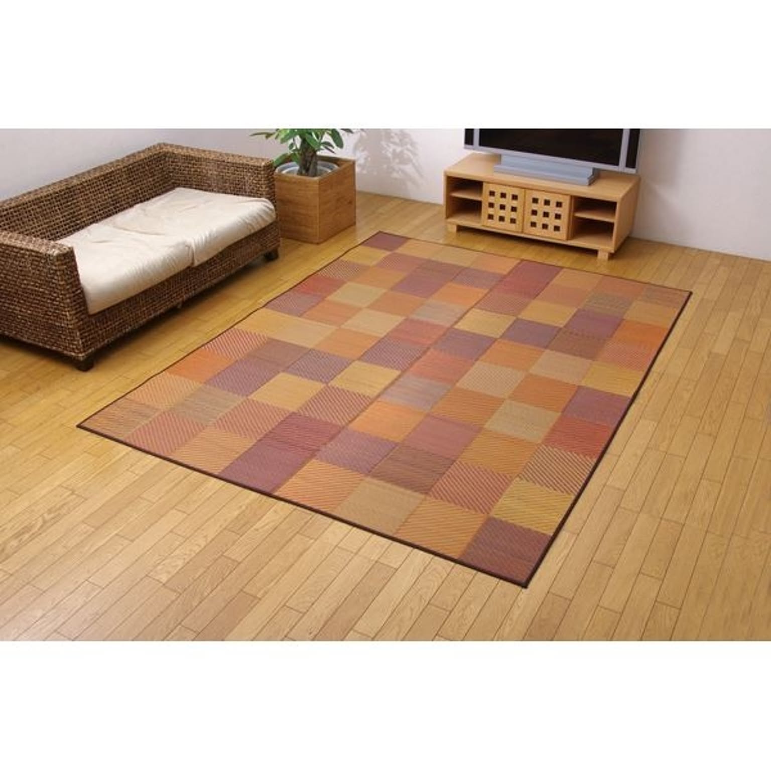 純国産 袋三重織 い草ラグカーペット 『D×カラフルブロック』 ブラウン 約140×200cm（裏：不織布）