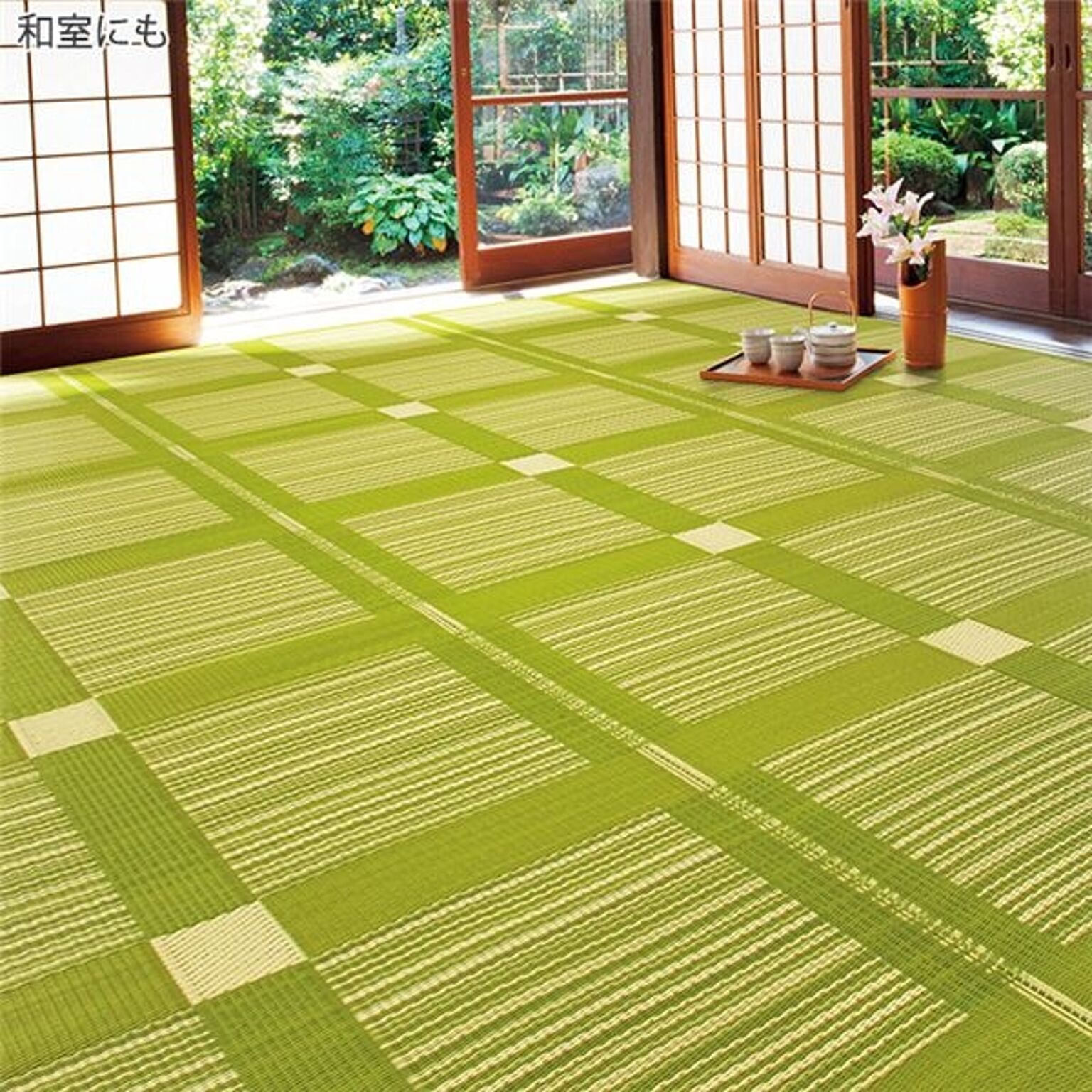 い草風 ラグマット/絨毯 〔本間8畳 382×382cm 正方形 ブラウン〕 洗える 日本製 折りたたみ収納可 