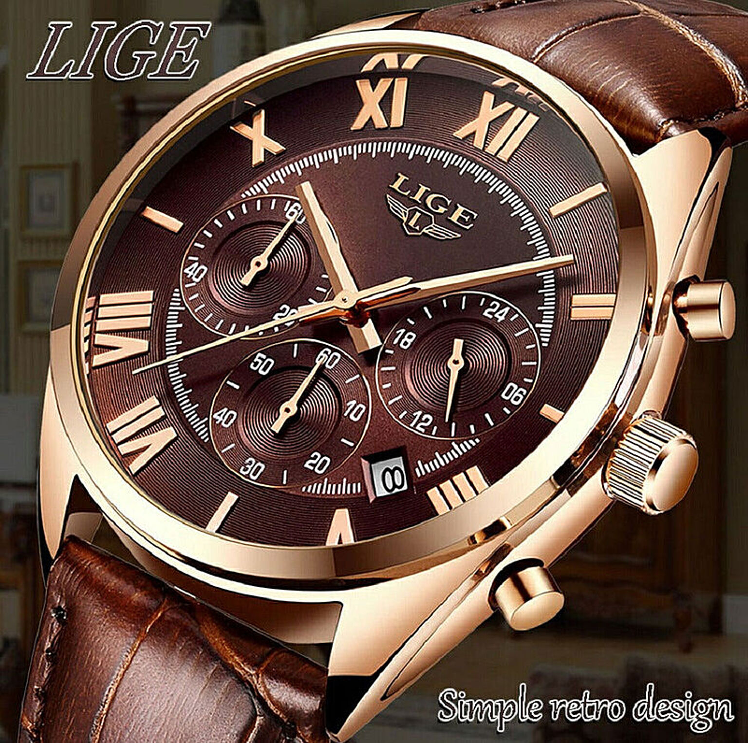 在庫限り】LIGE 高級腕時計 腕時計 ウォッチ ブラウン レザー