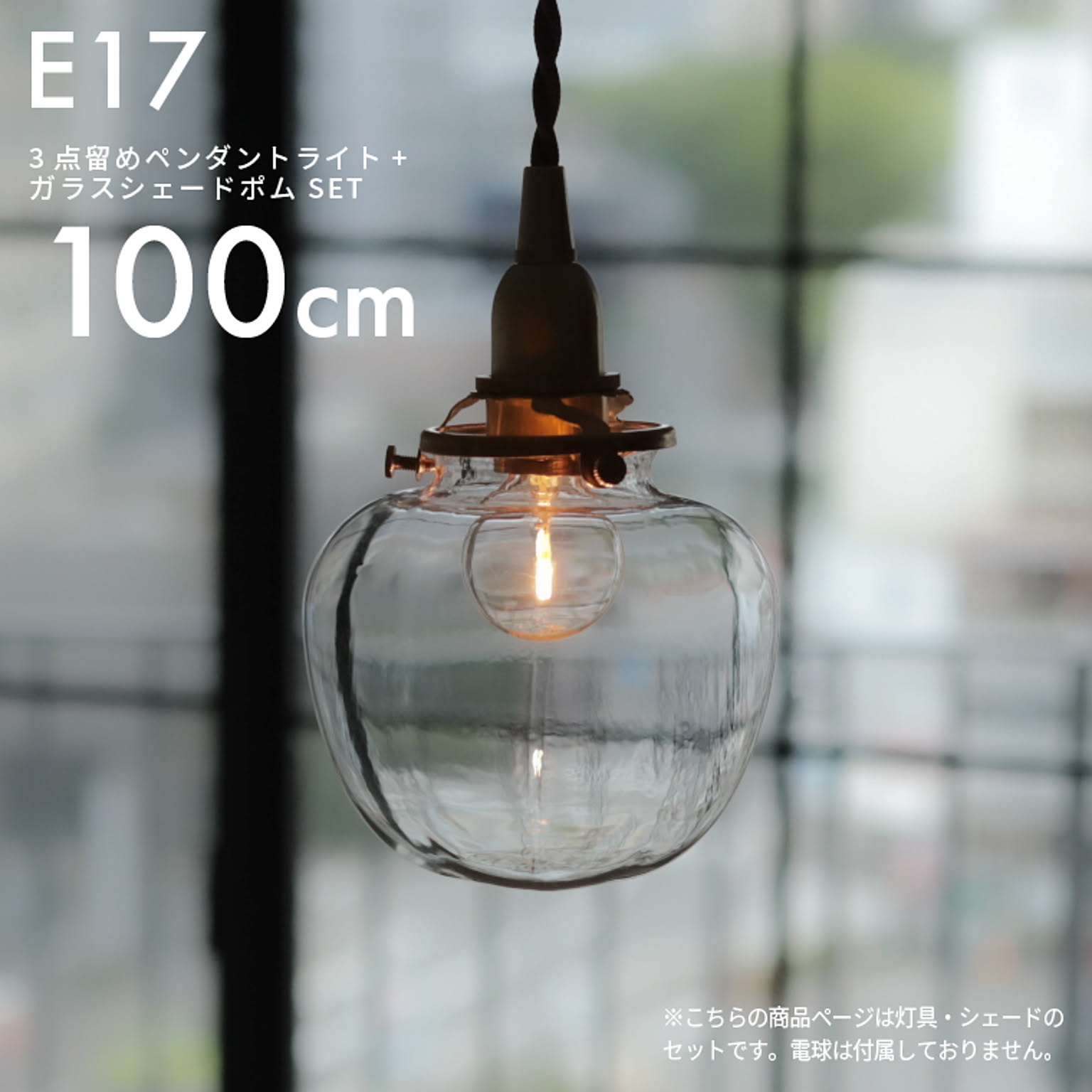 E17 3点留めペンダントライト 100cm+ガラスシェード ポム