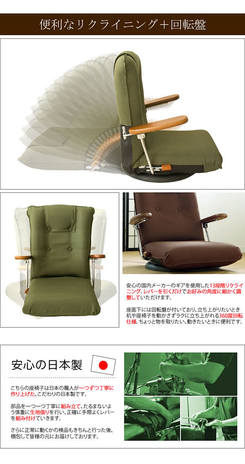 wasura リクライニング座椅子 フロアチェア 肘付き ハイバック 回転式
